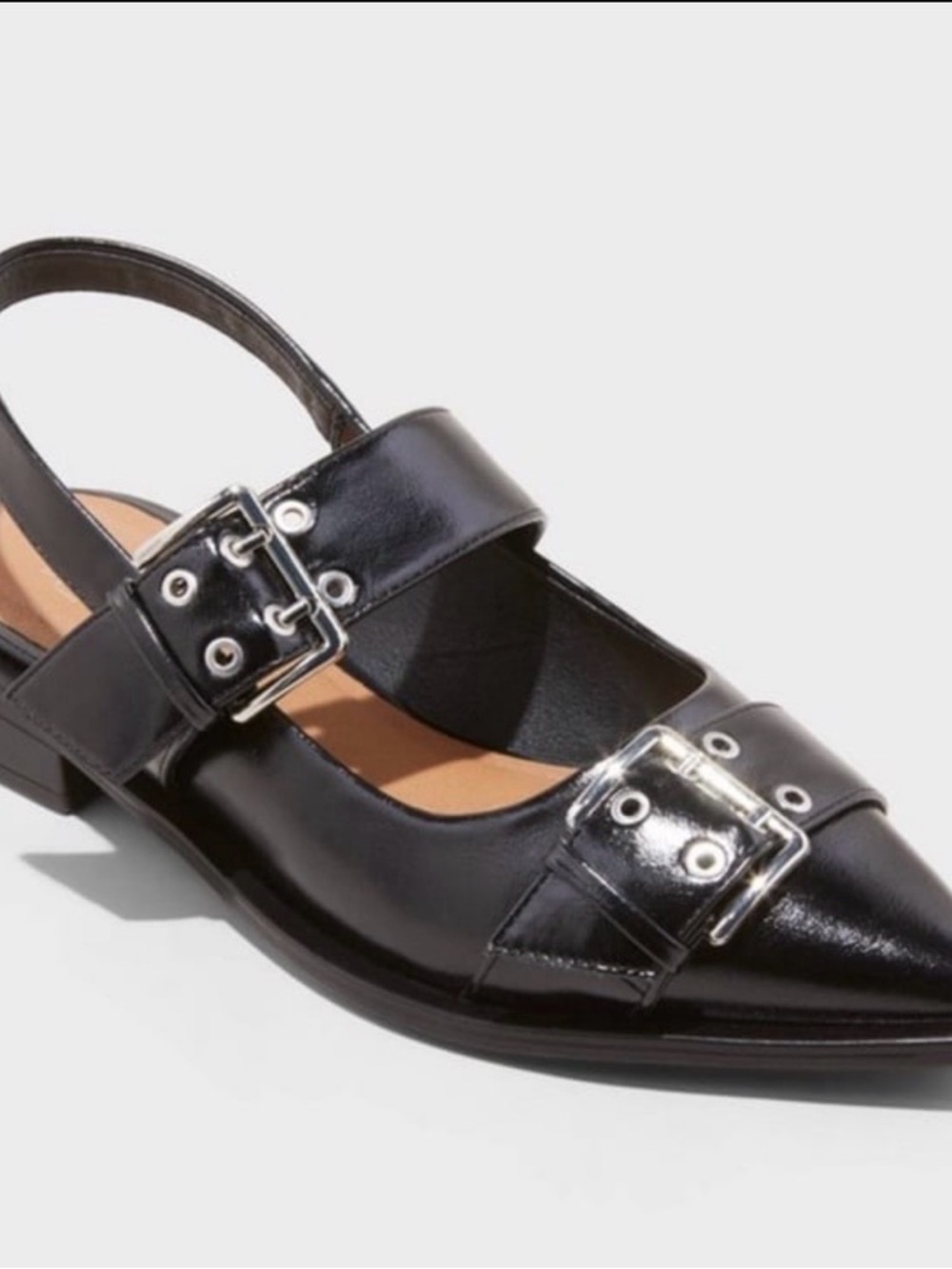 wild fable Black Patent Pointed Slingback Flats with Buckle Straps